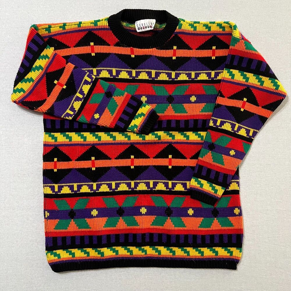 Vintage Carolina Colours Size 12 Geometric Sweater 90s Coogi Style Colorful